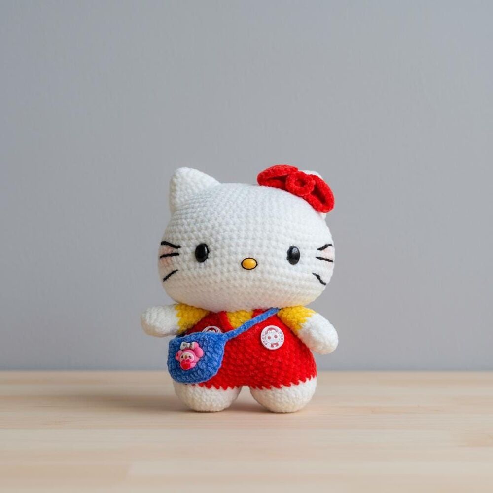 Handmade Crochet Hello Kitty Plush – Kawaii Red Overalls Amigurumi Doll